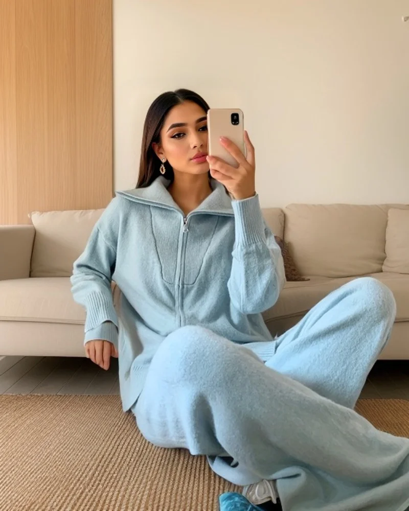 طقم نسائي قطعتين مريح وناعم للشتاء